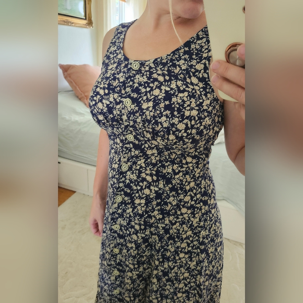 Vintage Floral RayonSleeveless Maxi Dress - Navy and Cream - Picture 7 of 7